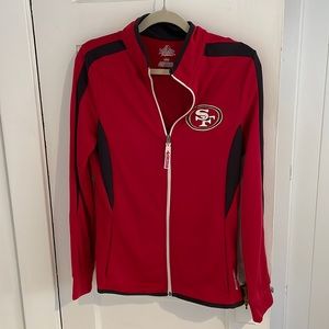 NFL 49ers L red/white zip up jacket, lightweight, 2 pockets, like new condition